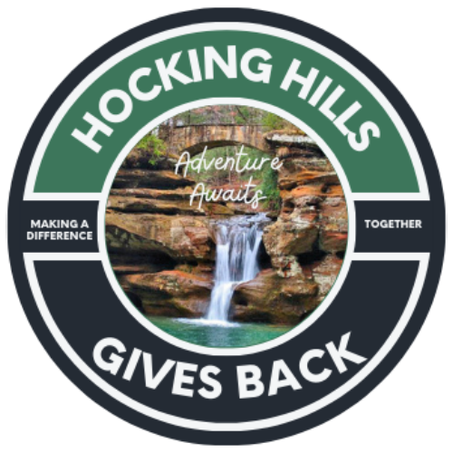 Hocking Hills Gives Back logo with waterfall and the phrase “Adventure Awaits”