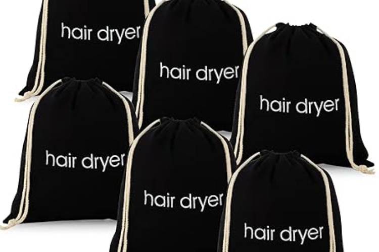 Black drawstring hair dryer storage bags available at Hocking Hills Gives Back Shop